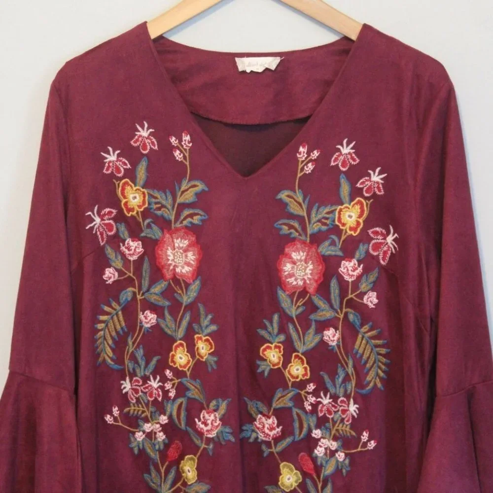 ✨2/$20 Altar'd State Velvet Floral Boho Tunic Dress Bell Sleeve Medium H11619 - Picture 4 of 12